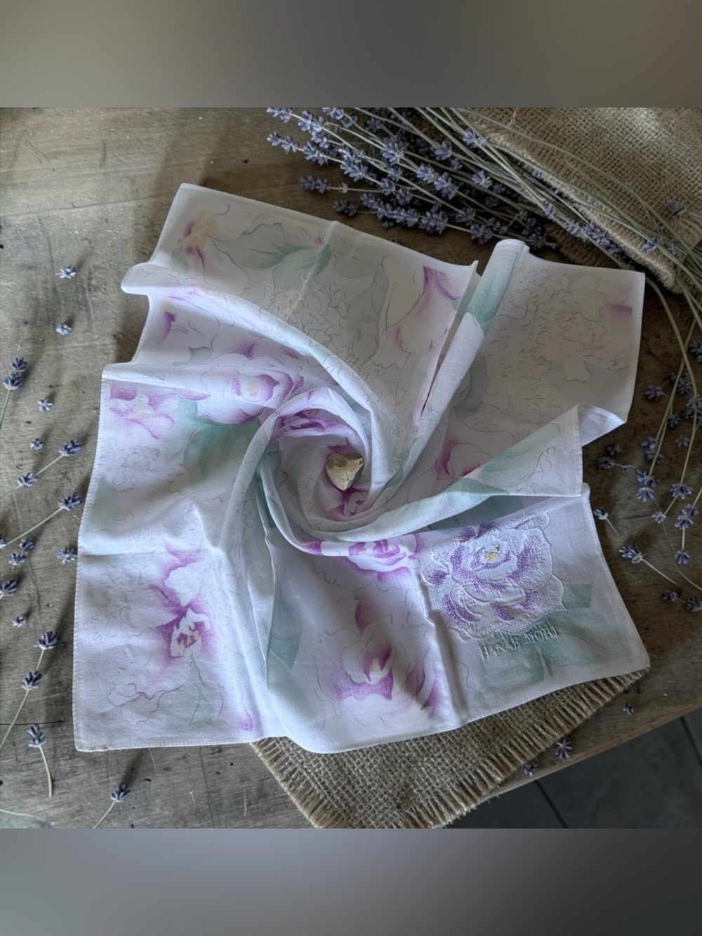 Vintage Hanae Mori Handkerchief Japan Floral Roses Purple White Cotton Scarf 17